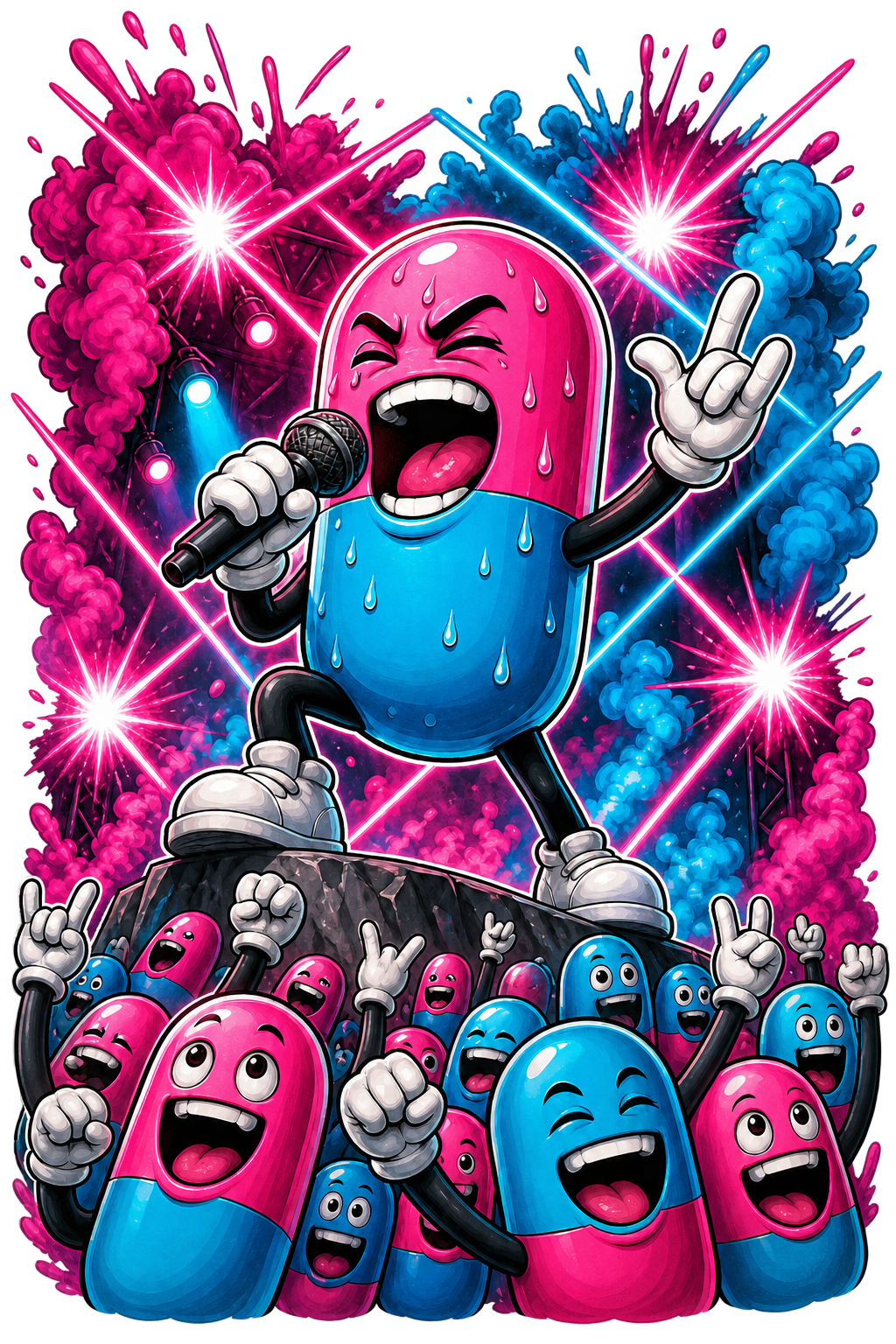 Pink and cyan pill rock star performing amid lasers and colored smoke for a cheering crowd